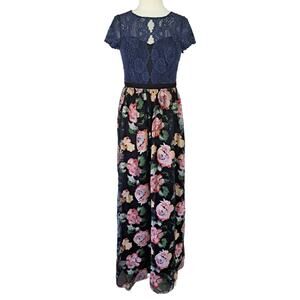Adrianna Papell Embroidered Floral Lace Maxi Dress Sz 6 Formal Blue Black Multi